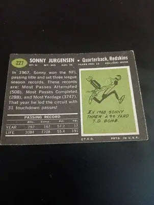 1969 Topps - Sonny Jurgensen #227. Wash. Redskins. front paper loss. GD- VG - Football Card Single
