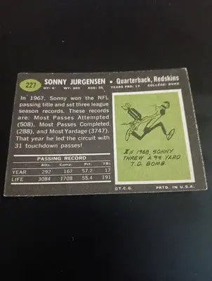 1969 Topps - Sonny Jurgensen #227. Wash. Redskins. front paper loss. GD- VG - Football Card Single