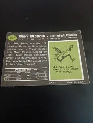 1969 Topps - Sonny Jurgensen #227. Wash. Redskins. front paper loss. GD- VG - Football Card Single