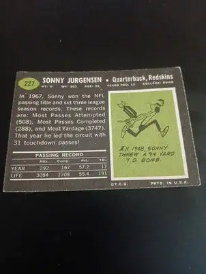 1969 Topps - Sonny Jurgensen #227. Wash. Redskins. front paper loss. GD- VG - Football Card Single