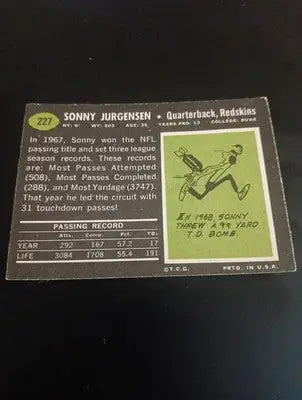 1969 Topps - Sonny Jurgensen #227. Wash. Redskins. front paper loss. GD- VG - Football Card Single