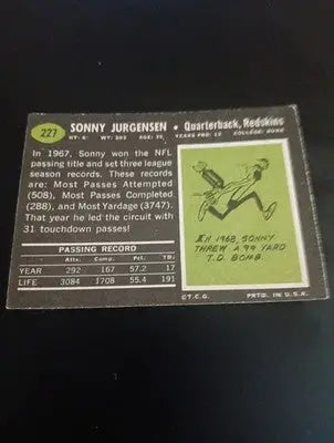 1969 Topps - Sonny Jurgensen #227. Wash. Redskins. front paper loss. GD- VG - Football Card Single