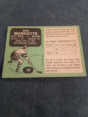 1970-71 O-Pee-Chee - Don Marcotte #138 (RC). Bruins. EX+ - Hockey Card Single