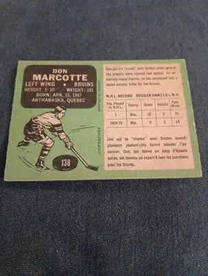 1970-71 O-Pee-Chee - Don Marcotte #138 (RC). Bruins. EX+ - Hockey Card Single