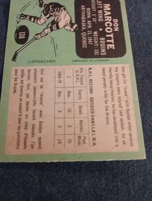 1970-71 O-Pee-Chee - Don Marcotte #138 (RC). Bruins. EX+ - Hockey Card Single