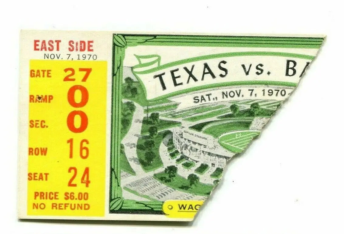 Vintage Texas Longhorns ticket stub from 1970 Baylor Bears vs UT game in Waco TX