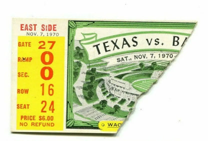 Vintage Texas Longhorns ticket stub from 1970 Baylor Bears vs UT game in Waco TX