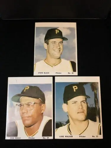 Three vintage Pittsburgh Pirates trading cards in color prints display