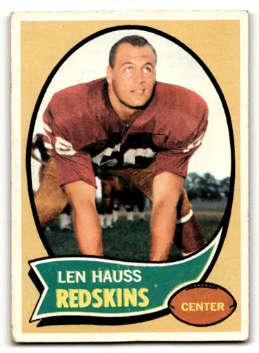 Vintage football card featuring Len Hauss with original gloss from 1970 Topps Redskins