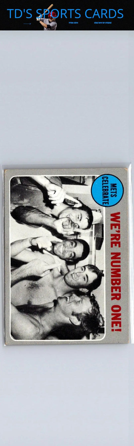 Vintage 1970 Topps trading card featuring NLCS summary of Mets celebrate We’re Number One