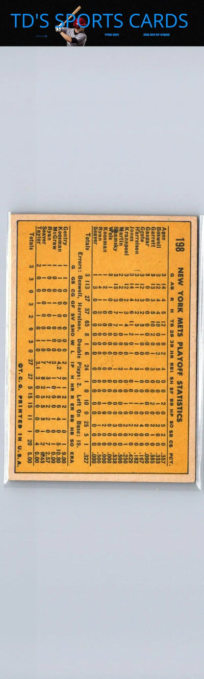 Vintage baseball card back showcasing NLCS Summary with Mets celebrate trading cards