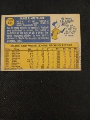 1970 Topps #449 Jim Palmer. Baltimore Orioles. VG+ - EX - Baseball Card Single