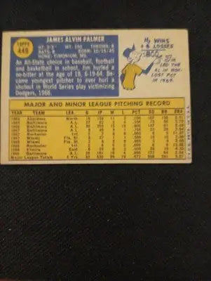 1970 Topps #449 Jim Palmer. Baltimore Orioles. VG+ - EX - Baseball Card Single