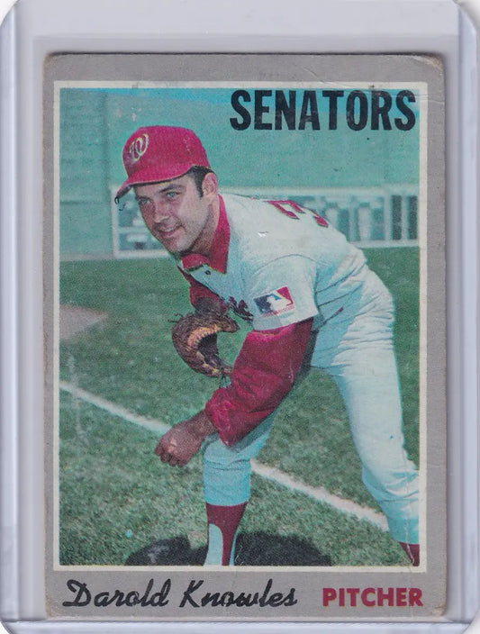1970 Topps Baseball card of Darold Knowles, Washington Senators pitcher in throwing stance