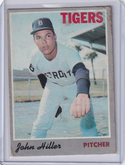 Vintage 1970 Topps Baseball card of John Hiller in pitching stance for Detroit Tigers