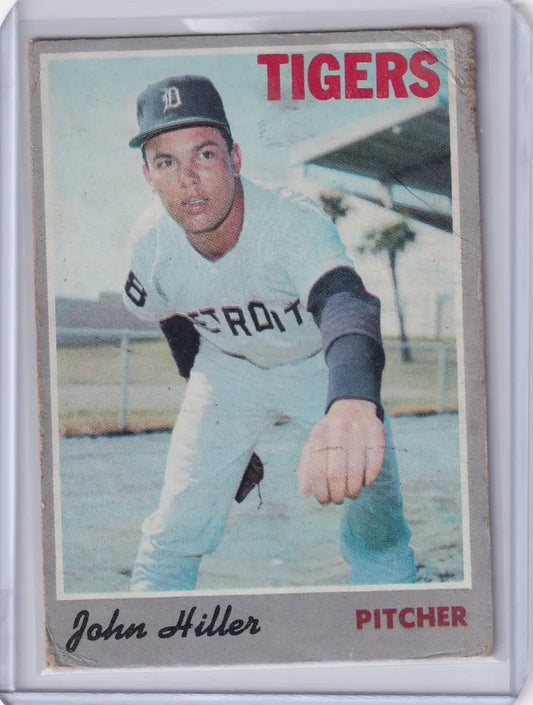 Vintage 1970 Topps Baseball card of John Hiller in pitching stance for Detroit Tigers
