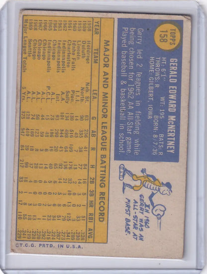 Vintage 1970 Topps Baseball card of Jerry McNertney from Seattle Pilots with stats