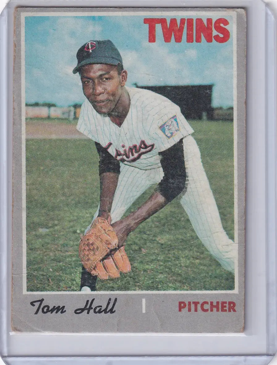 Topps Baseball card of Tom Hall, Minnesota Twins pitcher in a pitching stance