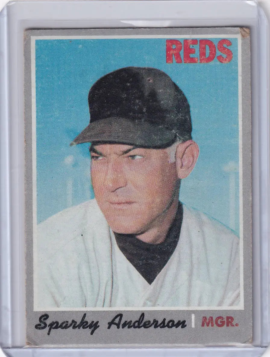 Topps Baseball card of Sparky Anderson in Cincinnati Reds uniform with dark cap
