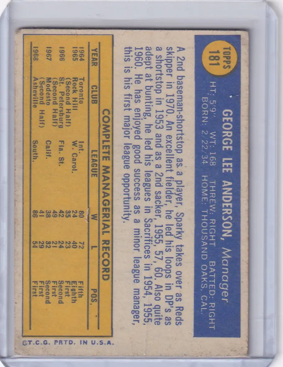 Topps Baseball card of Sparky Anderson with Cincinnati Reds stats on yellow background