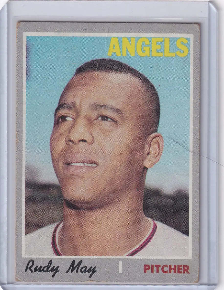 Vintage 1970 Topps Baseball #203 Rudy May California Angels trading card display
