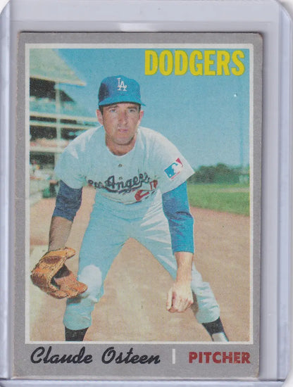 Baseball card of Claude Osteen pitching for the Los Angeles Dodgers Topps Baseball series