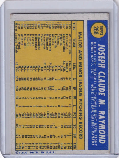 Topps Baseball card of Claude Raymond featuring statistics on a yellow background