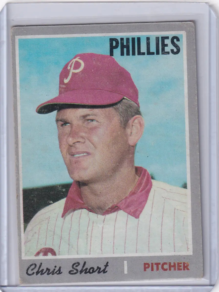 1970 Topps Baseball card of Chris Short, Phillies pitcher in red cap and pinstripes