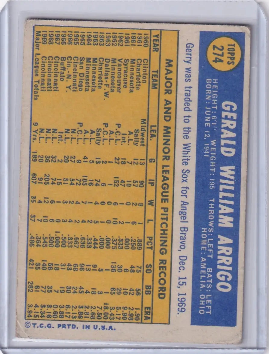 1970 Topps Baseball #274 Gerry Arrigo - Chicago White Sox