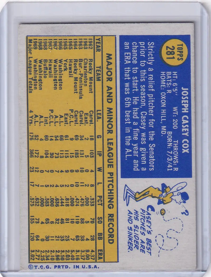 1970 Topps Baseball #281 Casey Cox - Washington Senators - Baseball Card Single