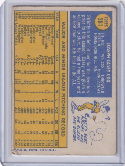 Vintage Topps Baseball card featuring Casey Cox and Washington Senators player stats