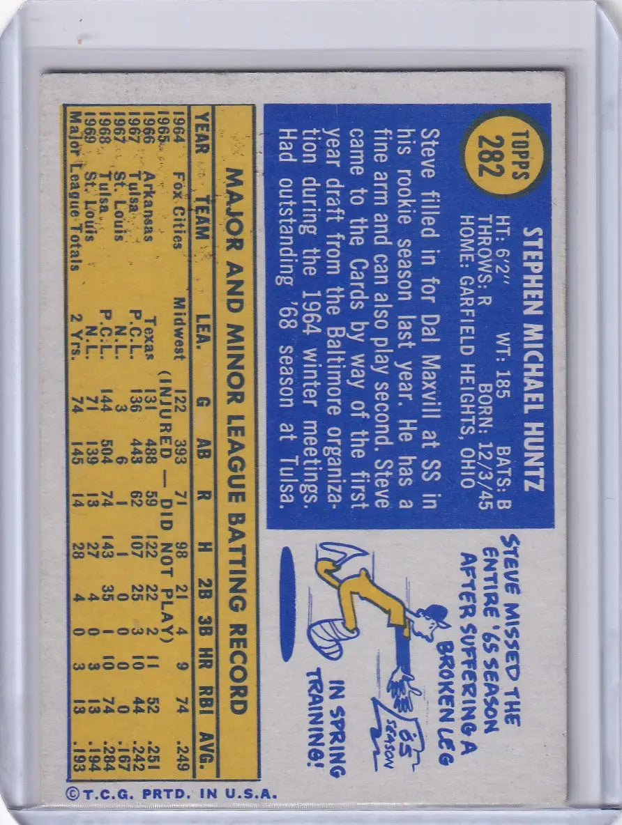 1970 Topps Baseball #282 Steve Huntz card featuring player stats for St. Louis Cardinals