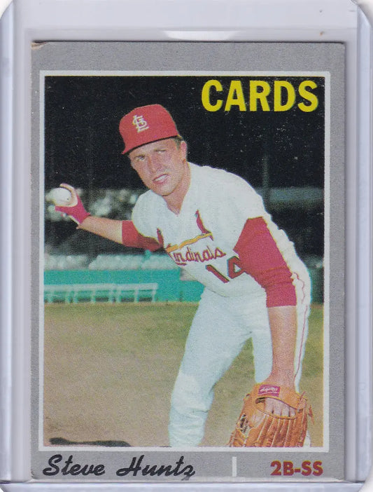 Baseball card of Steve Huntz in pitching stance for Topps Baseball - St. Louis Cardinals