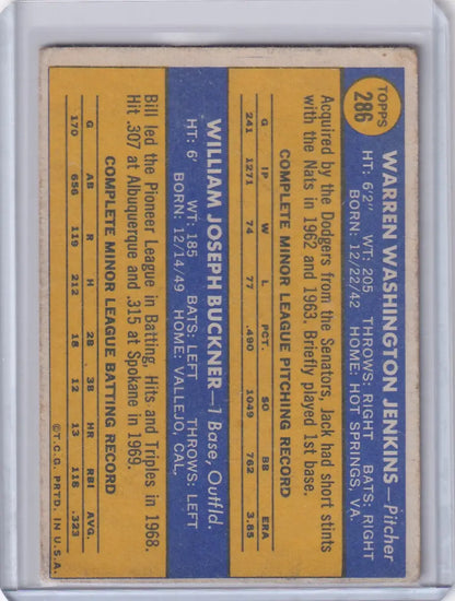 Baseball card featuring Jack Jenkins and Bill Buckner from 1970 Topps Baseball Dodgers Rookies