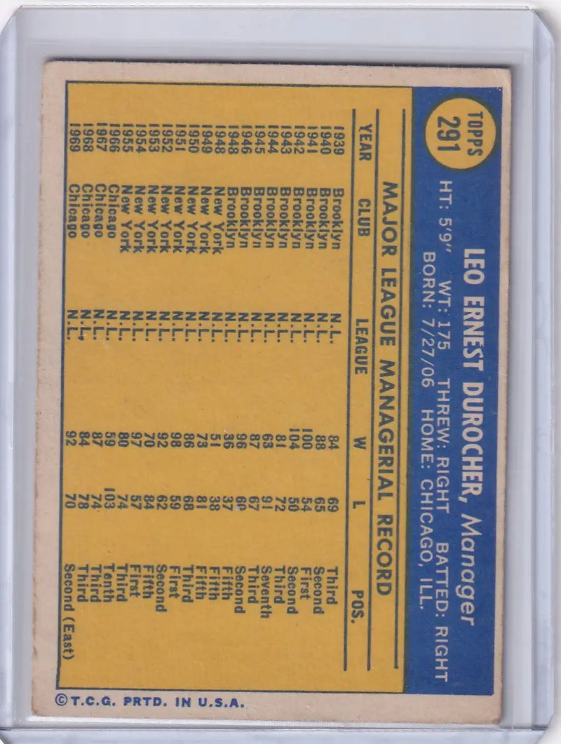 1970 Topps Baseball #291 Leo Durocher - Chicago Cubs