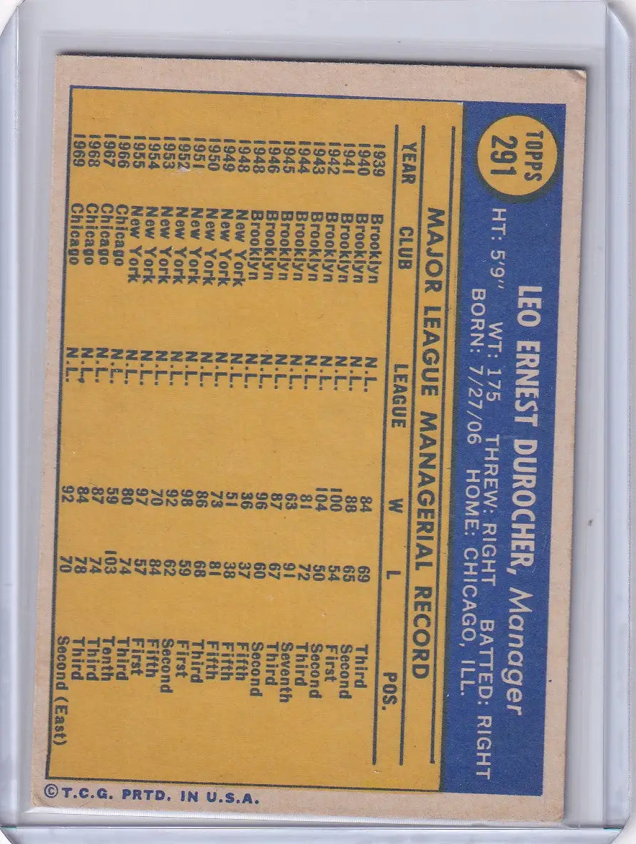 1970 Topps Baseball #291 Leo Durocher - Chicago Cubs