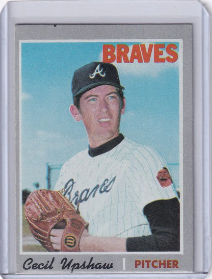 Baseball card of Cecil Upshaw, Atlanta Braves pitcher in Topps Baseball uniform