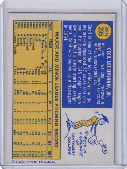 1970 Topps Baseball card of Cecil Upshaw with player stats and cartoon sliding illustration