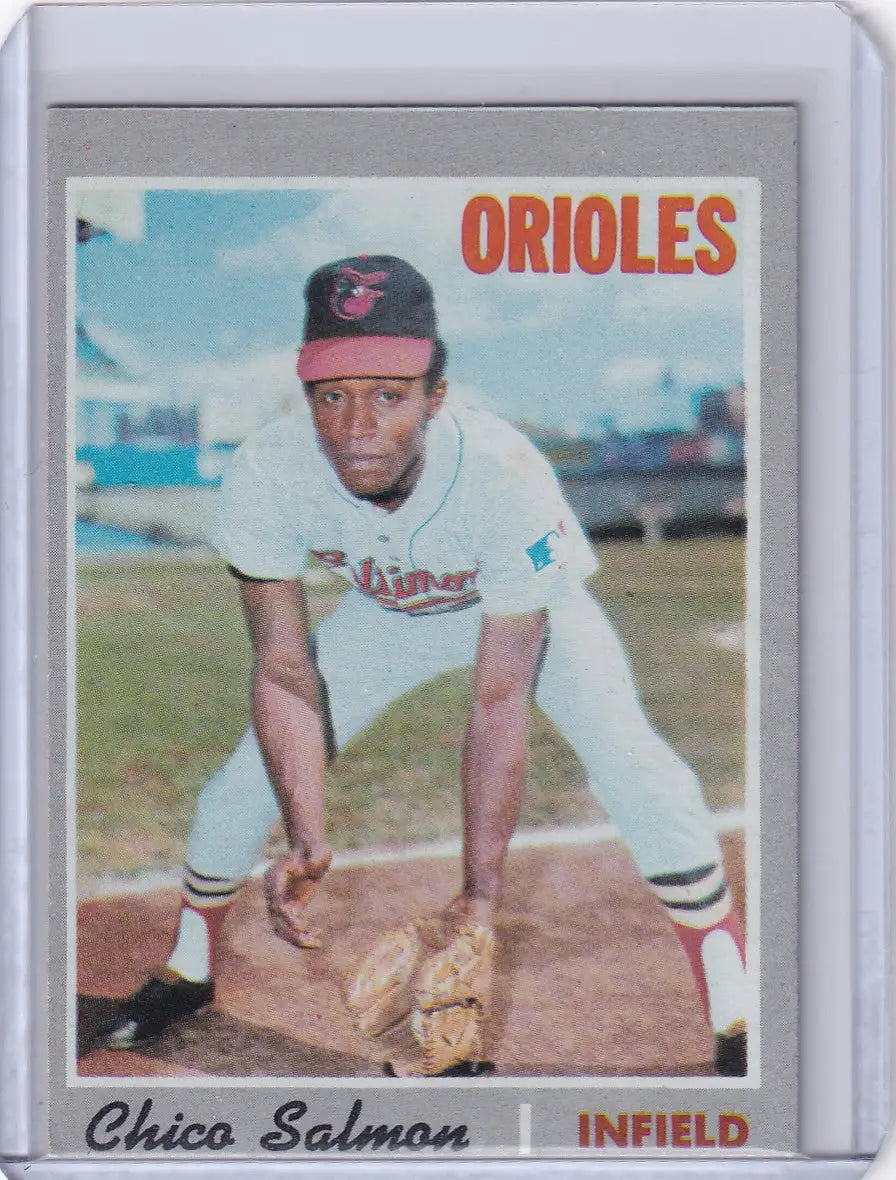 1970 Topps Baseball card of Chico Salmon, Baltimore Orioles infielder in fielding stance