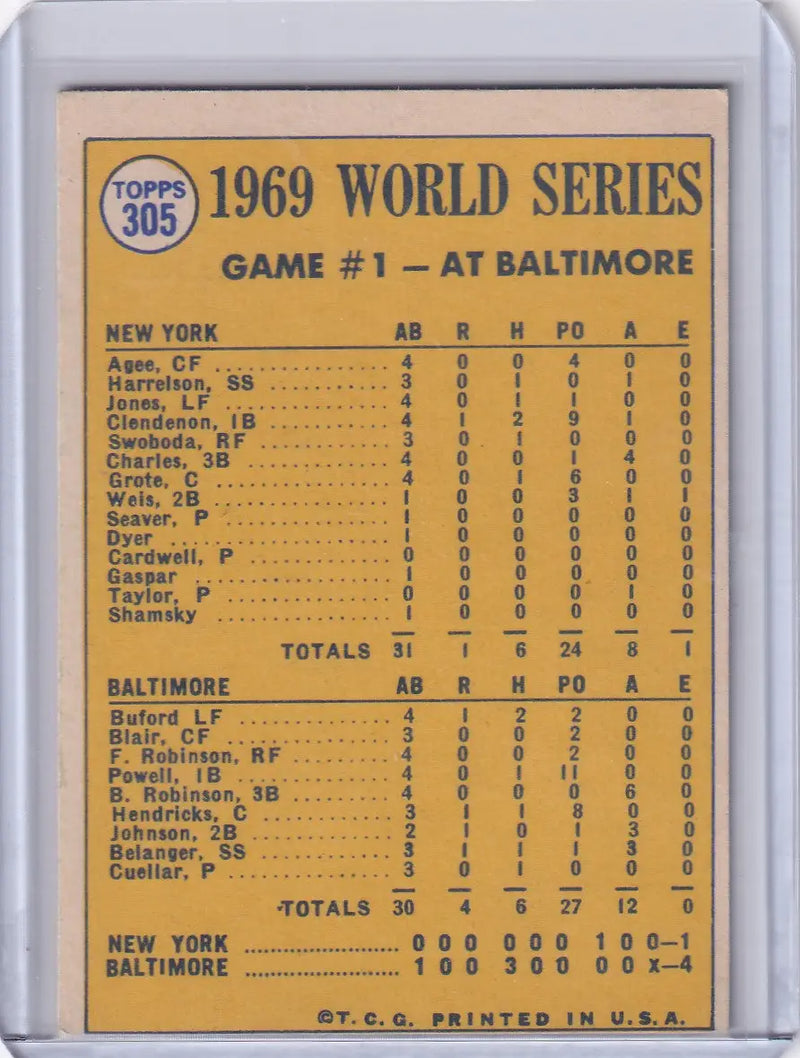 Baseball card featuring World Series Game 1 box score and Buford belts leadoff homer