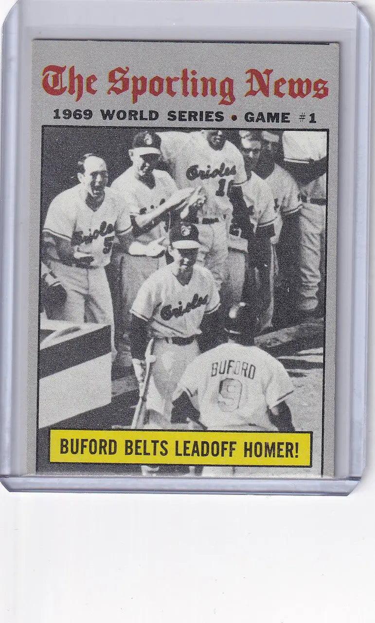 Vintage 1969 World Series Game cover featuring Buford Belts Leadoff Homer baseball card