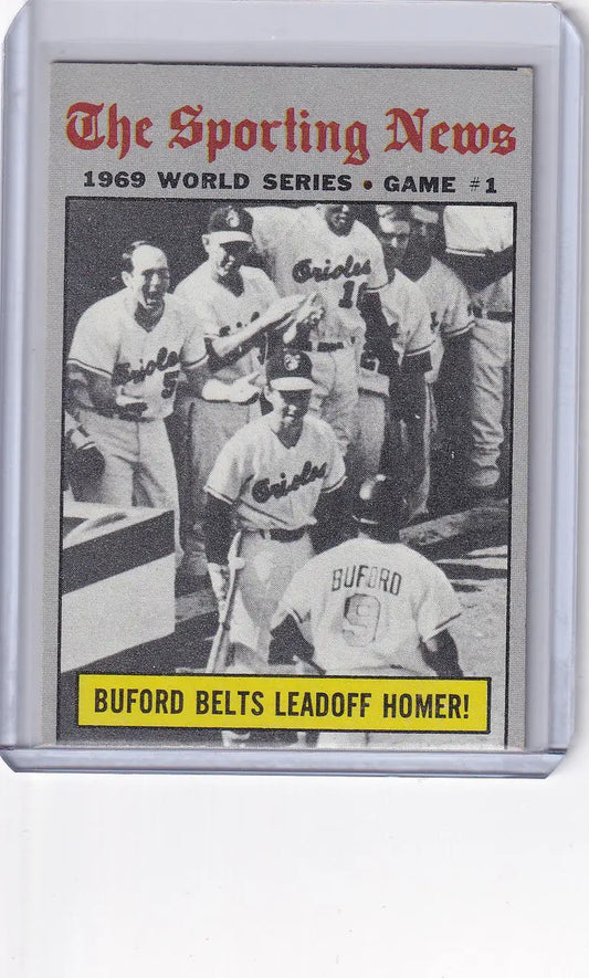 Vintage 1969 World Series Game cover featuring Buford Belts Leadoff Homer baseball card