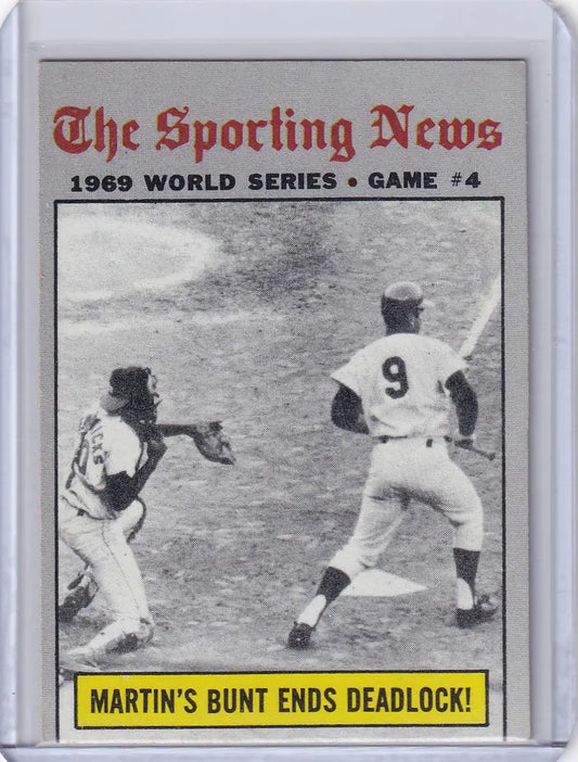 Baseball card depicting a black and white action photo from World Series Game 4
