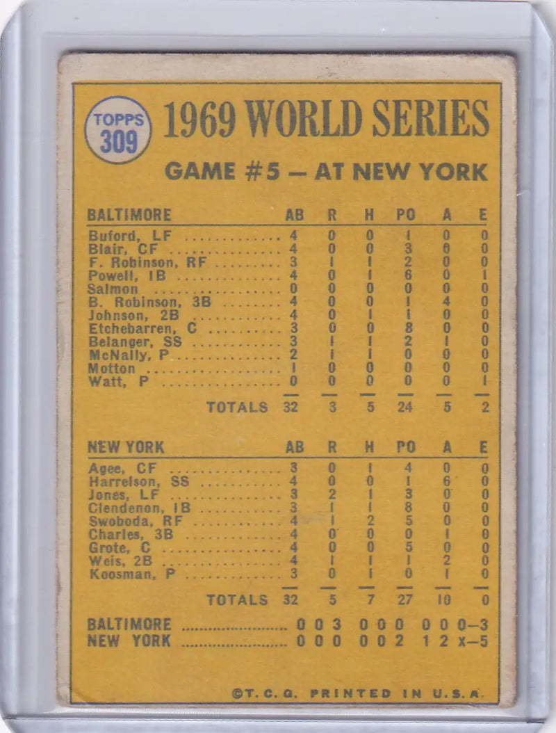 1970 Topps Baseball card of World Series Game 5 featuring Koosman and box score details