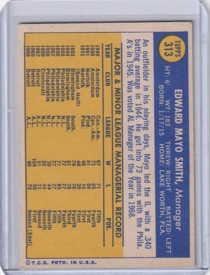 1970 Topps Baseball #313 Mayo Smith card with statistics on a yellow background