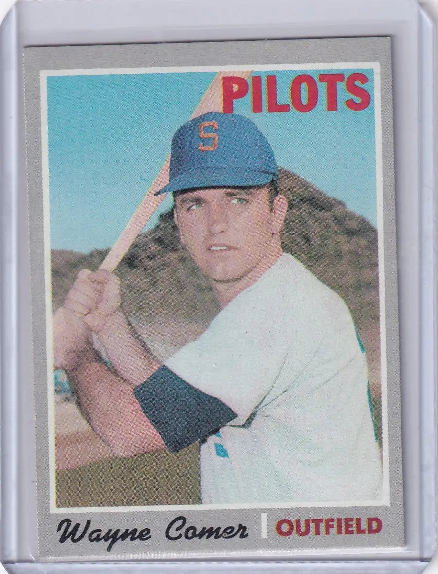 Baseball card of Wayne Comer in batting stance, 1970 Topps Baseball Seattle Pilots