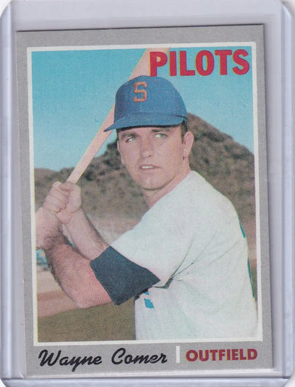 Baseball card of Wayne Comer in batting stance, 1970 Topps Baseball Seattle Pilots