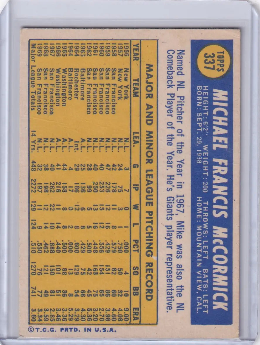 Baseball card for Mike McCormick of the San Francisco Giants from Topps Baseball 1970