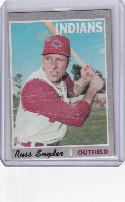 Vintage Topps Baseball card of Russ Snyder, Cleveland Indians outfielder in batting stance