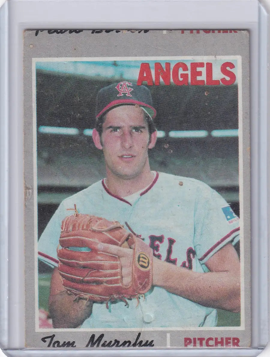 Vintage 1970 Topps Baseball card of Tom Murphy, California Angels pitcher in white uniform
